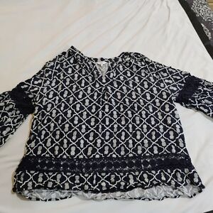 crown & ivy Navy and White Patterned Lace-Trim Blouse With Pineapple Design